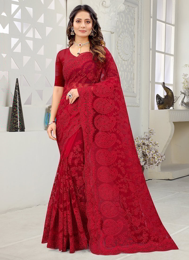 Red Net Embroidered Saree