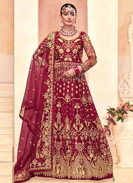 Red Net Embroidered Sequins Anarkali Suit