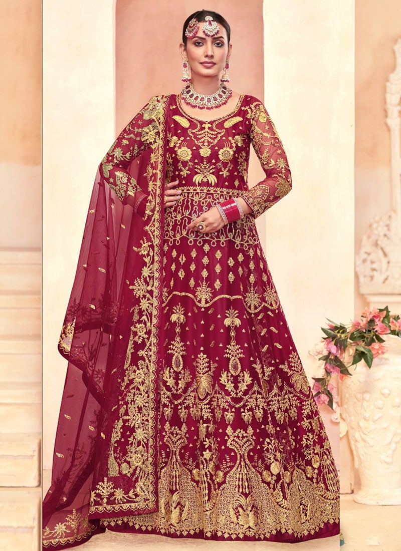 Red Net Embroidered Sequins Anarkali Suit Festive Wear