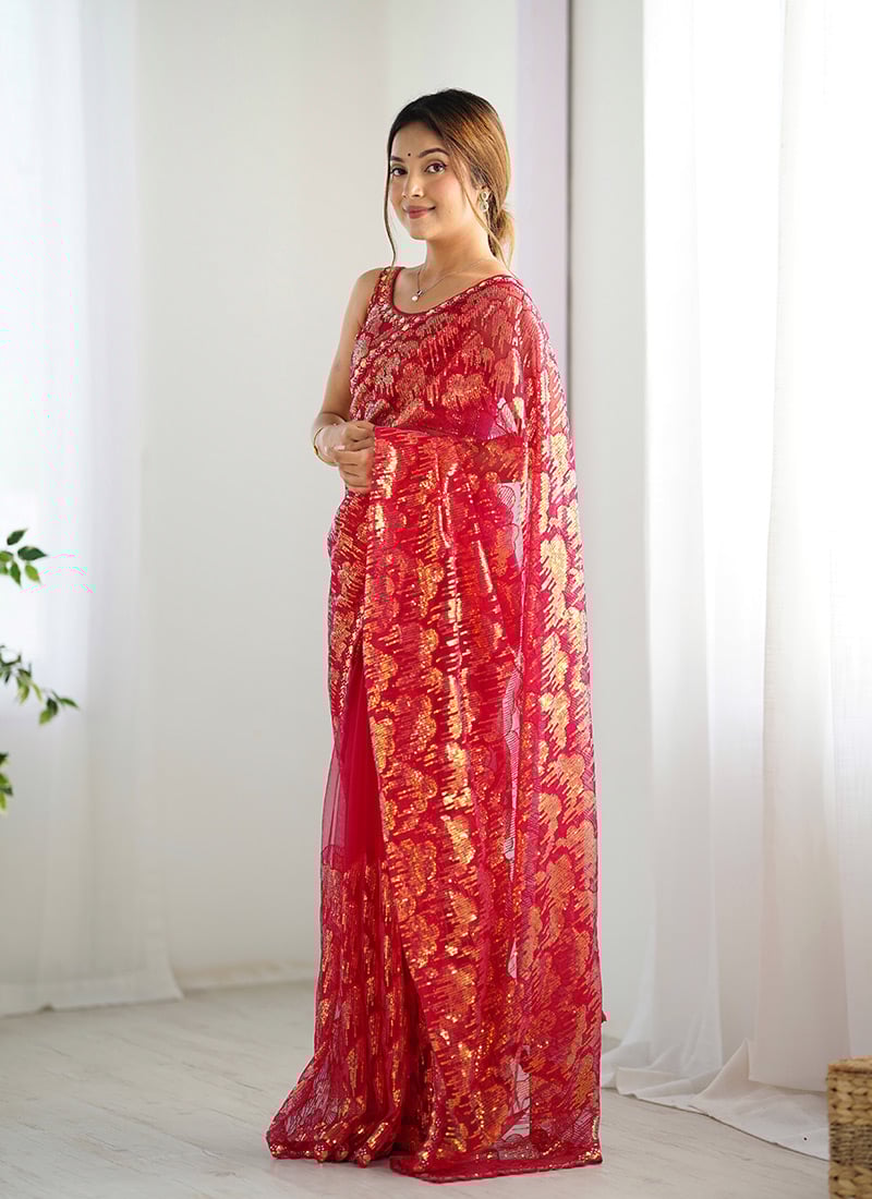 Red Net Embroidered Sequins Dazzling aree Festive Wear
