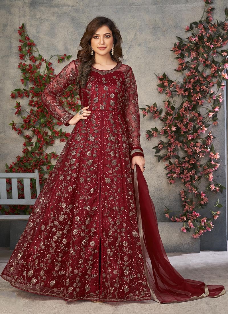Red Net Embroidered Sequins High Slit A line Anarkali Suit Festive Wear