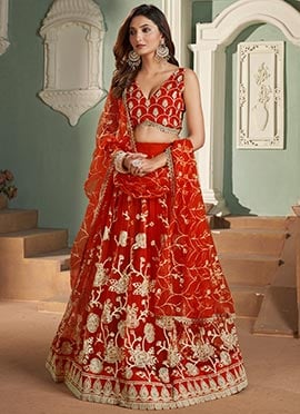 Red Net Embroidered Sequins Umbrella Lehenga