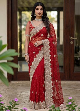 Red Net Embroidered With Beads Work Saree