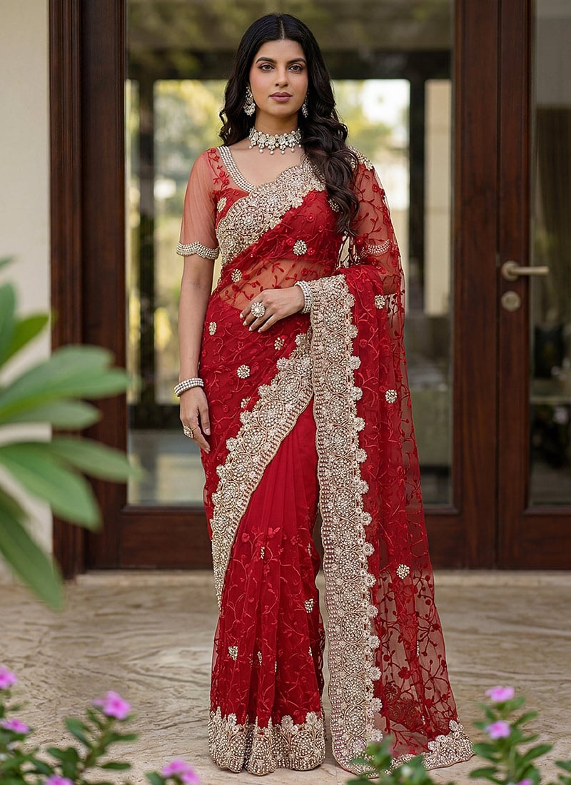 Red Net Embroidered With Beads Work Saree After Six Wear