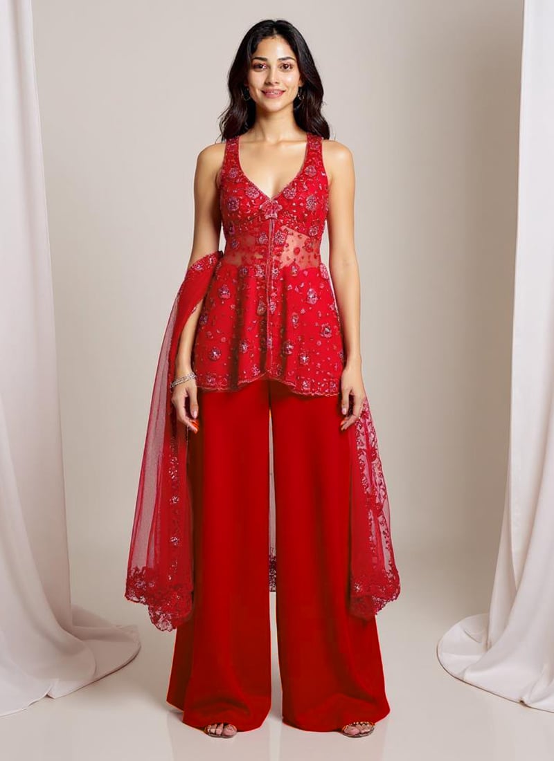 Red Net Hand Embroidered Sequins With Moti Work Palazzo Suit Wedding Wear