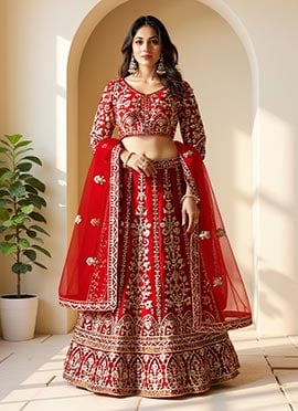 Red Net Lehenga With Embroidery And Sequins Work