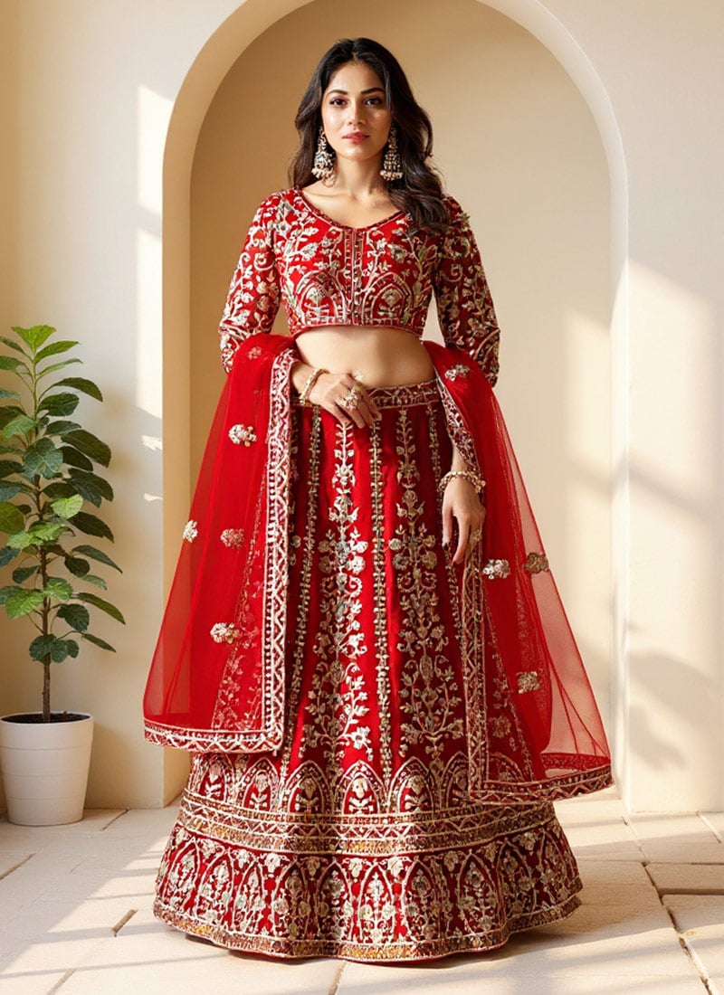 Red Net Lehenga With Embroidery And Sequins Work Wedding Wear