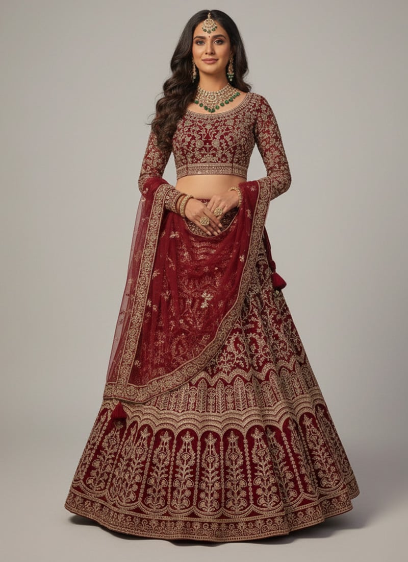 Red Net Lehenga With Zari And Sequin Embroidery