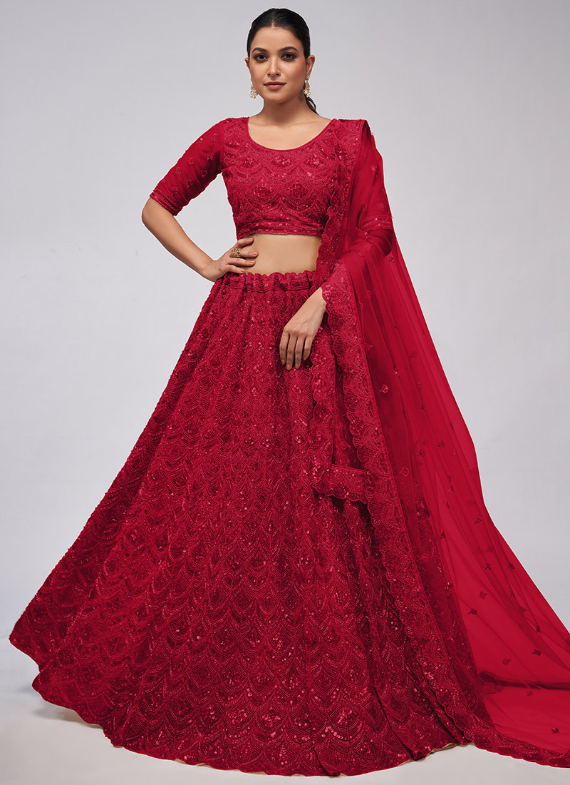 Red Net Sangeet A Line Lehenga Embossed With Embroidery And Sequins Wedding Wear