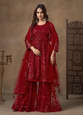Red Net Sequins Embroidered Thread Sharara Suit