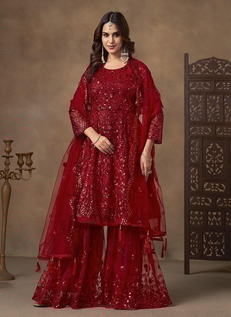 Red Net Sequins Embroidered Thread Sharara Suit Festive Wear