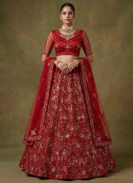 Red Net Zari Embroidered Sequins Elegant Lehenga