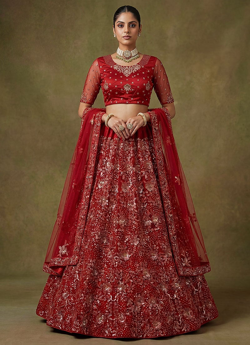 Red Net Zari Embroidered Sequins Elegant Lehenga Wedding Wear