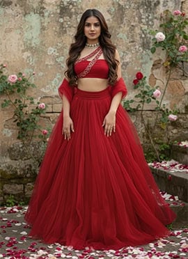 Red Net Zari Sequin Lehenga