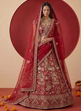 Red Net Zari Sequins Embroidered Stones Thread A Line Lehenga
