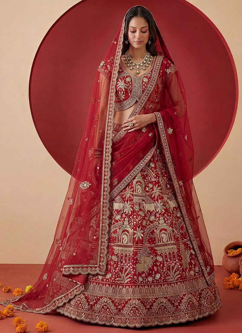 Red Net Zari Sequins Embroidered Stones Thread A Line Lehenga Wedding Wear