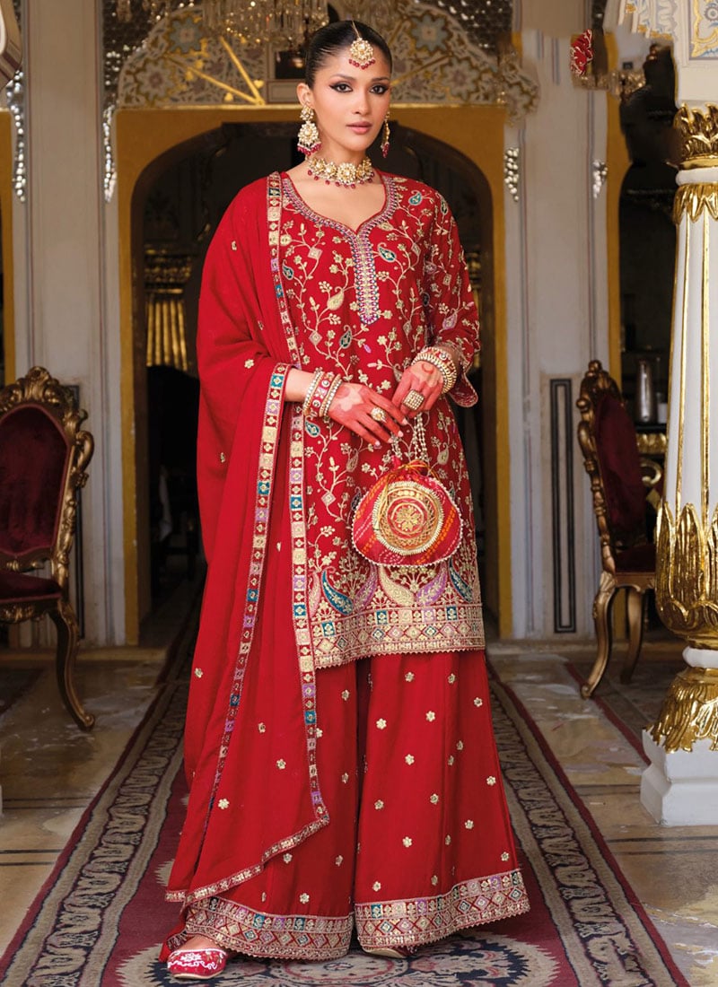 Red Orange Chinon Palazzo Suit With Embroidery Sequins Stone Work Festive Wear