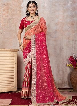 Red Orange Viscose Georgette Embroidered Saree
