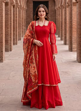 Red Organza Anarkali Suit With Printed Dupatta