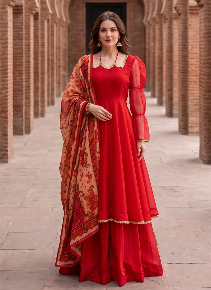 Red Organza Anarkali Suit With Printed Dupatta Festive Wear
