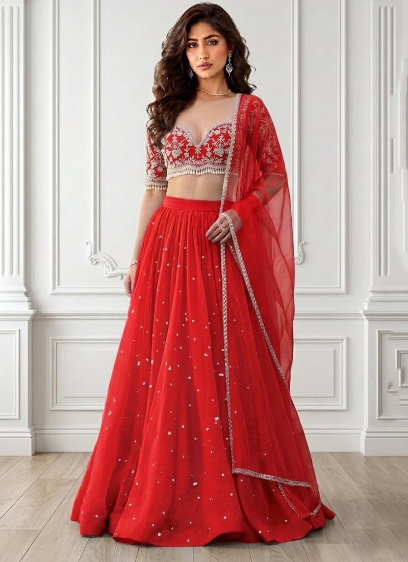 Red Organza Beads Hand Embroidered Lehenga Wedding Wear