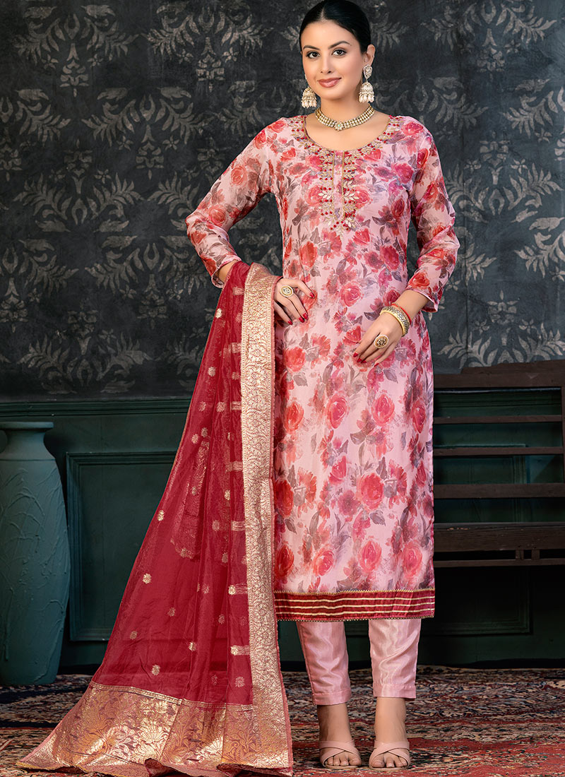 Shop Red Organza Embroidered And Printed Straight Pant Suit Festive