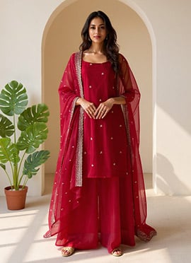 Red Organza Embroidered Sequins Palazzo Suit Festive Wear