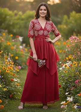 Red Organza Hand Embroidered With Moti Work Palazzo Suit