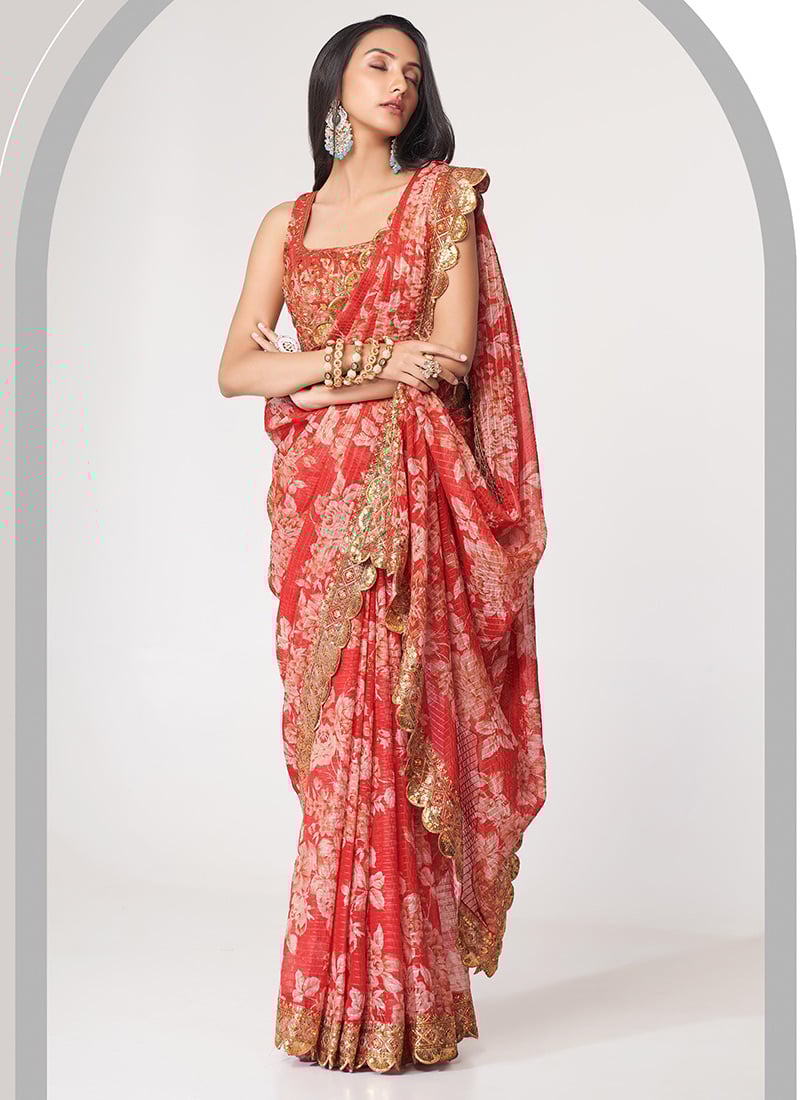 Red Organza Printed N Sequins Work Saree Party Wear
