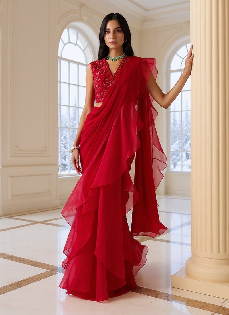 Red Organza Sequins Hand Embroidered Lehenga Saree Wedding Wear