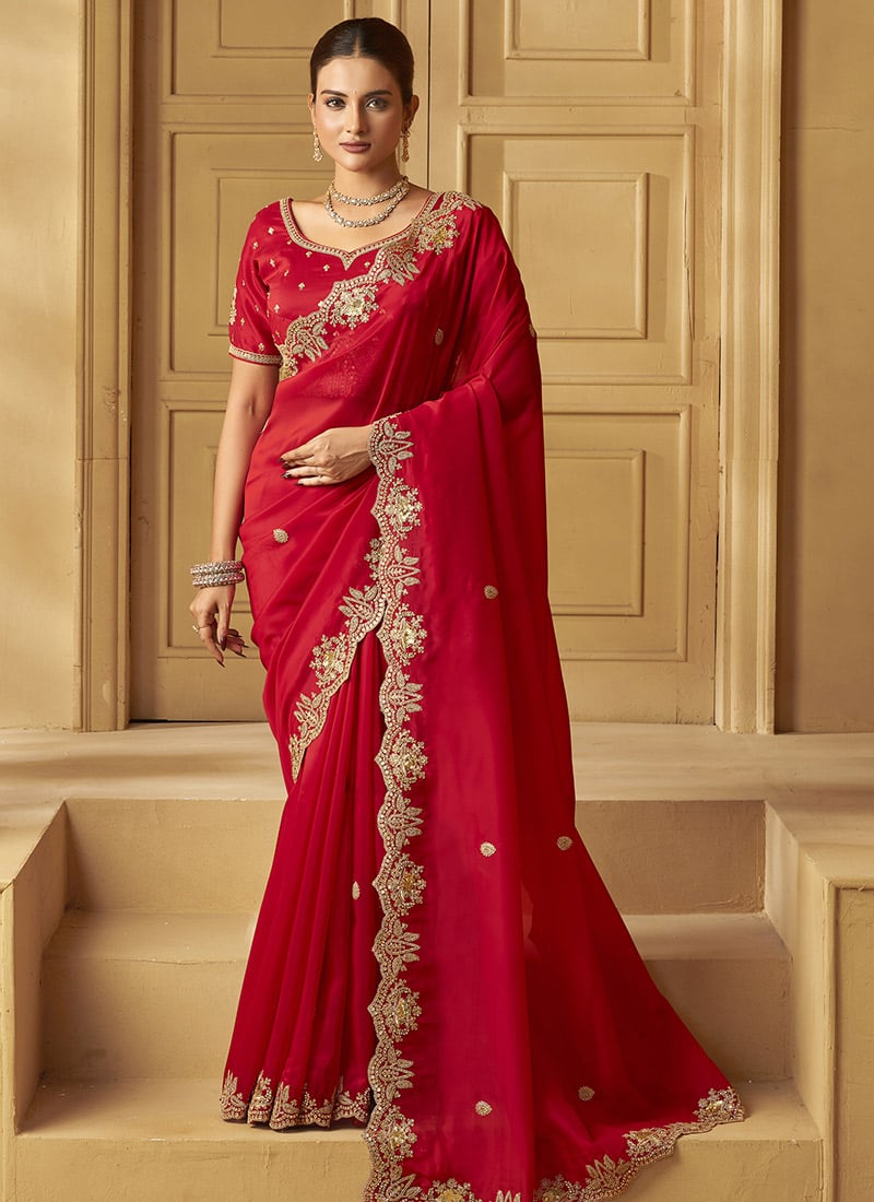 Red Organza Sequins Zari Embroidered Stones Saree Festive Wear