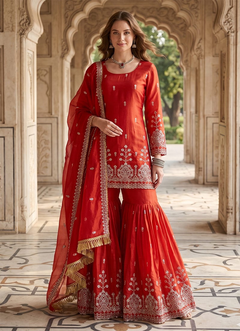 Red Organza Silk Embroidered Sequins Sharara Suit Festive Wear