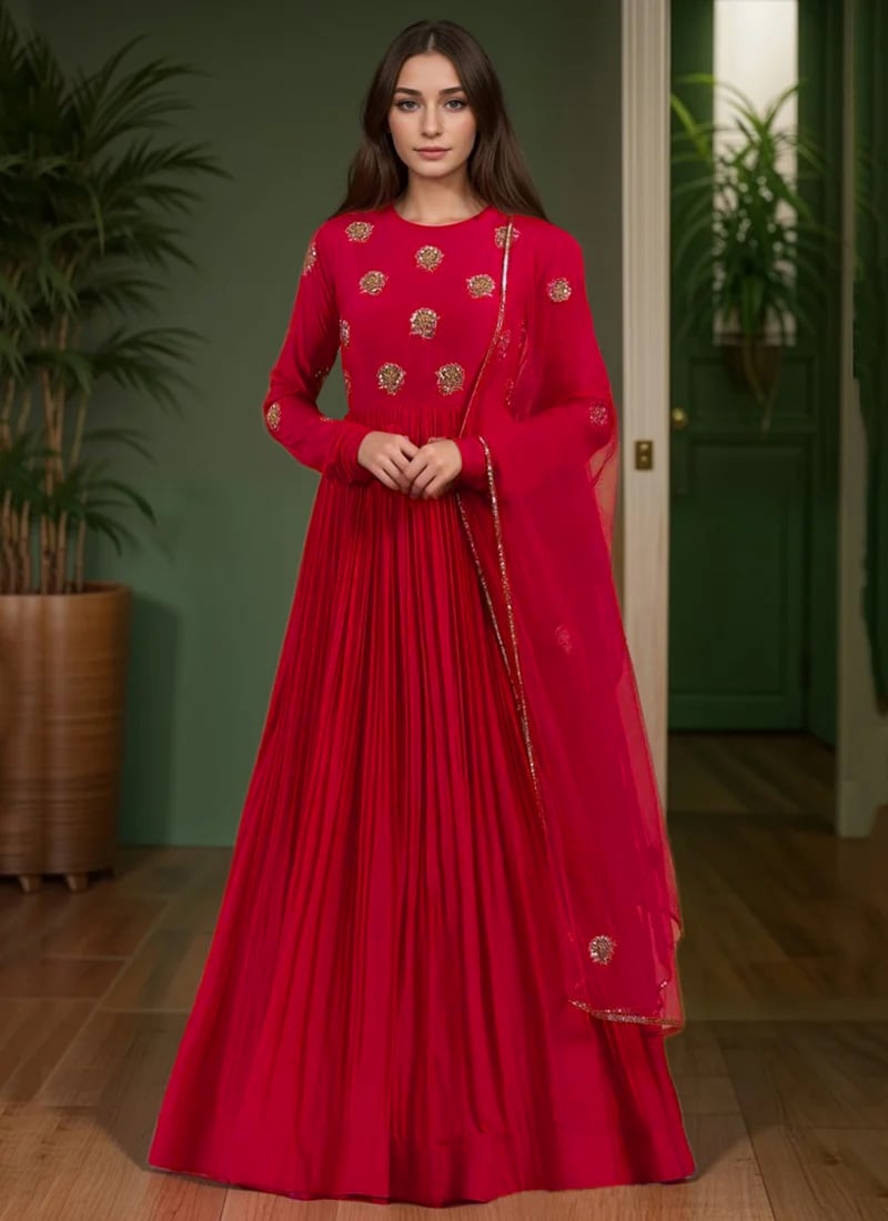 Red Silk Zardosi Hand Embroidered Sequins Anarkali Suit Festive Wear