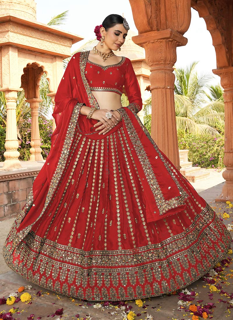Red Organza Zari Embroidered Sequins Lehenga Wedding Wear