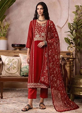 Red Organza Zari Embroidered Sequins With Beads Work Straight Pant Suit