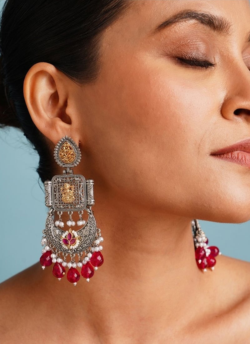 Red Oxidised Kundan With Beads And Moti Chandeliers Festive Wear