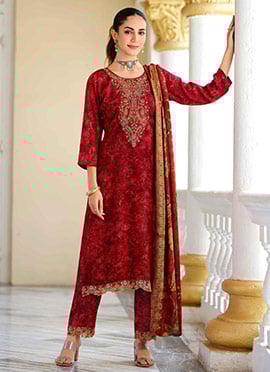 Red Pashmina Embroidered Straight Pant Suit With Digital Print Dupatta