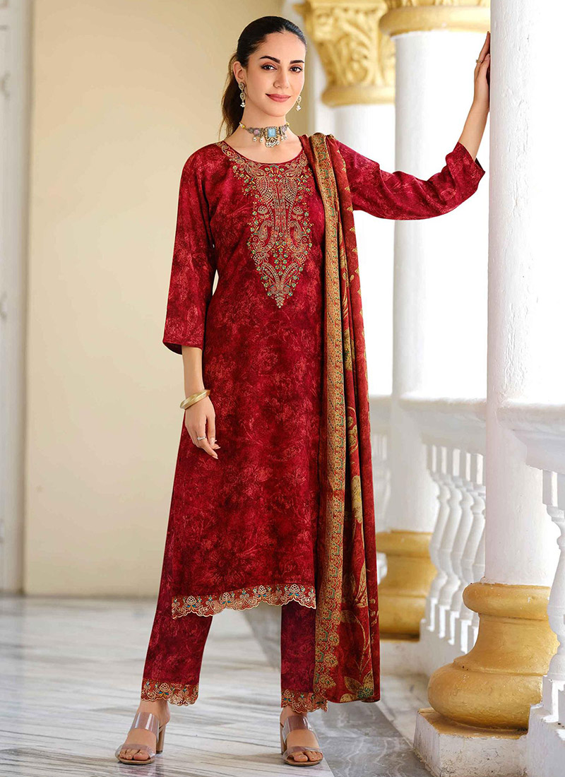 Red Pashmina Embroidered Straight Pant Suit With Digital Print Dupatta