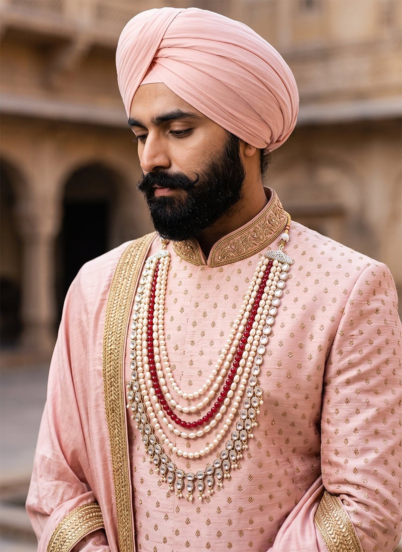 Red Pearl Kundan Layered Mens Mala