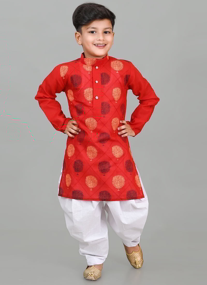 Red Printed Cotton Kids Dhoti Style Kurta Pyjama Festive Wear