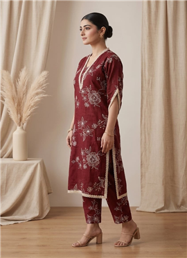 Red Printed Cotton Kurta Set