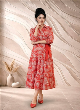 Red Printed Cotton Shirt Collar Maxi Dress