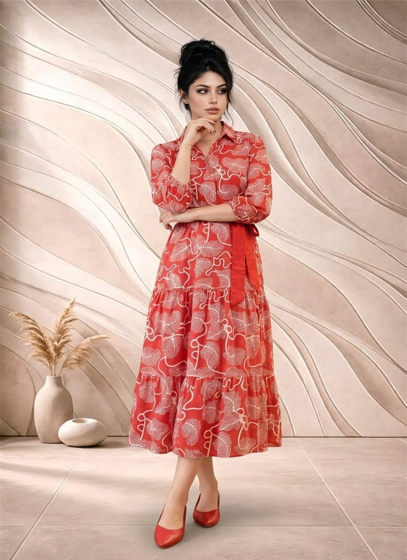 Red Printed Cotton Shirt Collar Maxi Dress After Six Wear