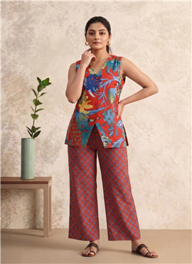 Red Printed Cotton Sleeveless Co Ord Pant Set