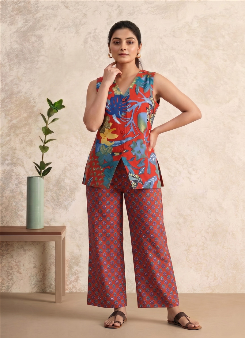 Red Printed Cotton Sleeveless Co Ord Pant Set After Six Wear