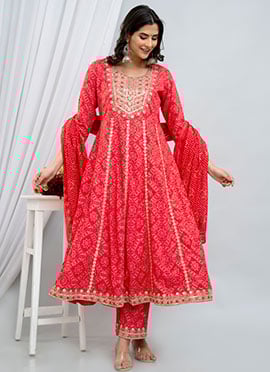 Red Printed Embroidered Rayon Straight Pant Suit