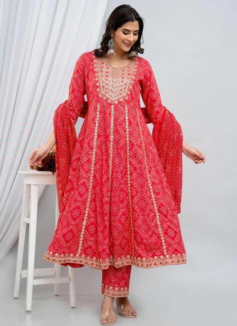 Red Printed Embroidered Rayon Straight Pant Suit After Six Wear