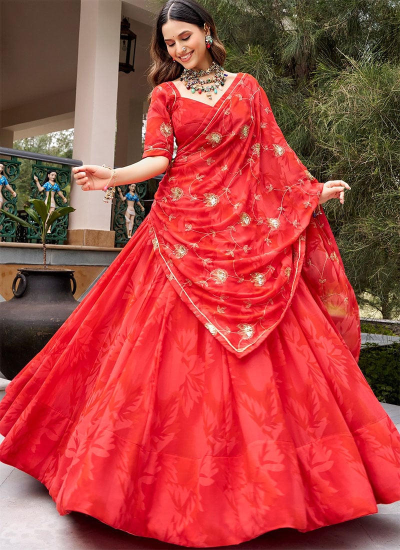 Red Printed Lehenga Choli with Mirror Work After Six Wear