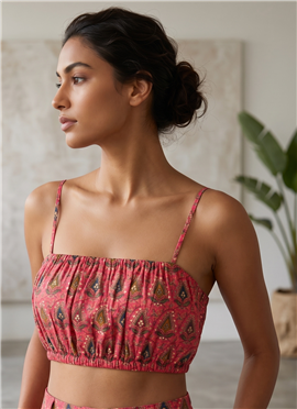 Red Printed Modal Silk Smocking Blouse