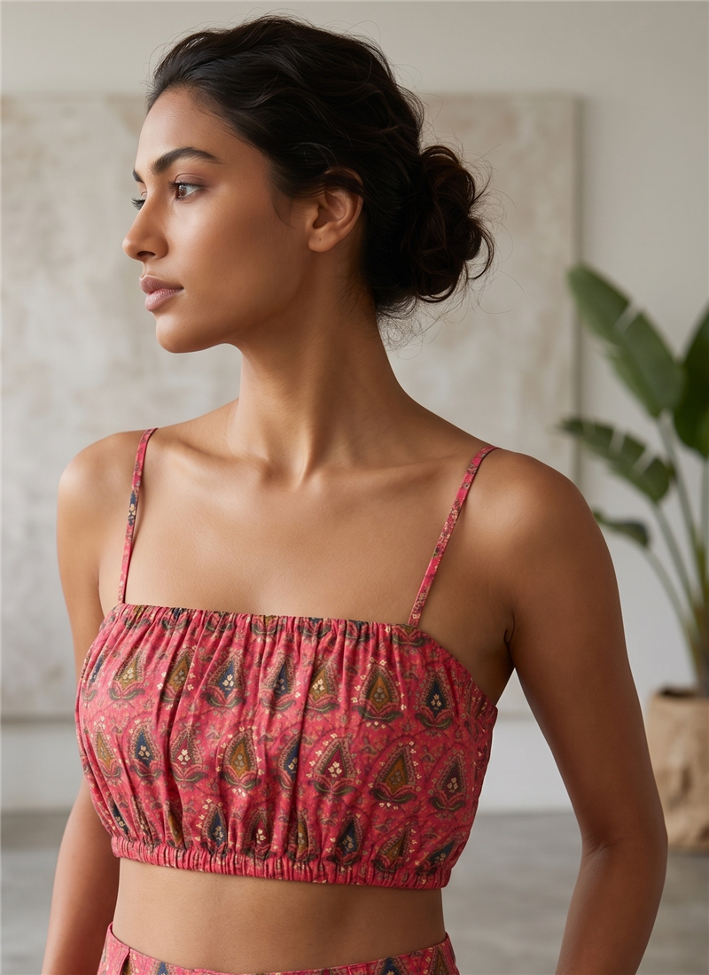 Red Printed Modal Silk Smocking Blouse Party Wear